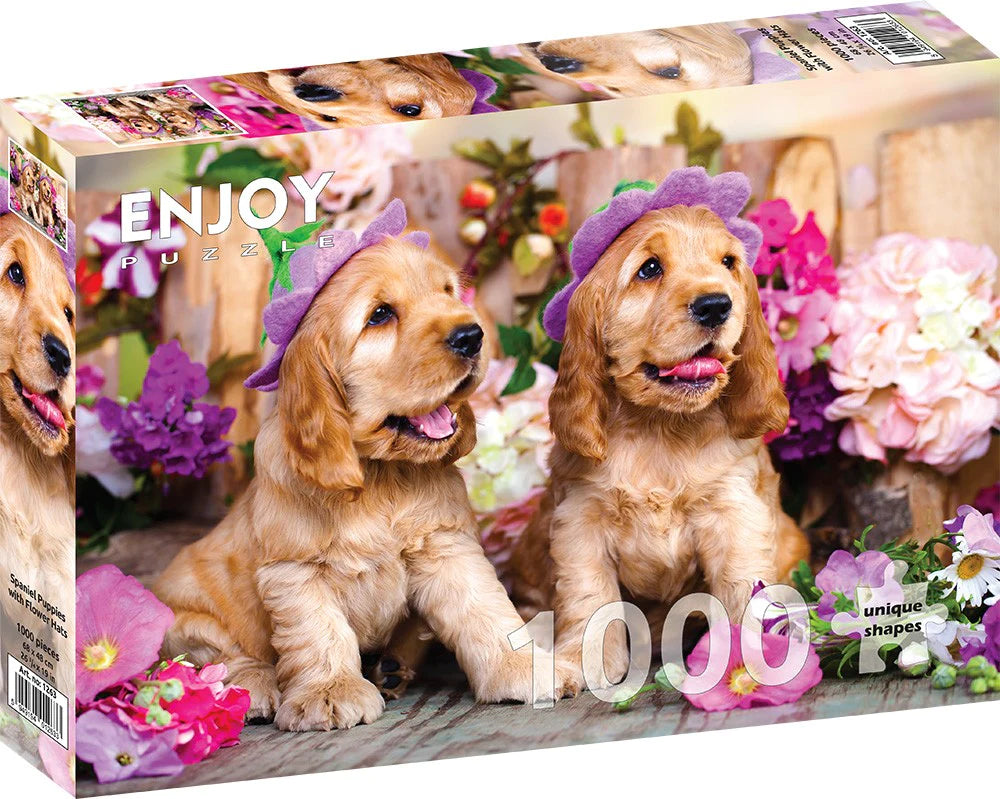 Enjoy 1000 Piece Puzzle Spaniel Puppies with Flower Hats