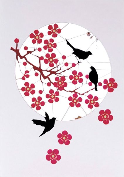 Greeting Card - Laser Cut - Pink Blossom with Black Birds