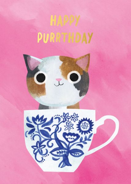 Greeting Foil Card - Pink Teacup Cat