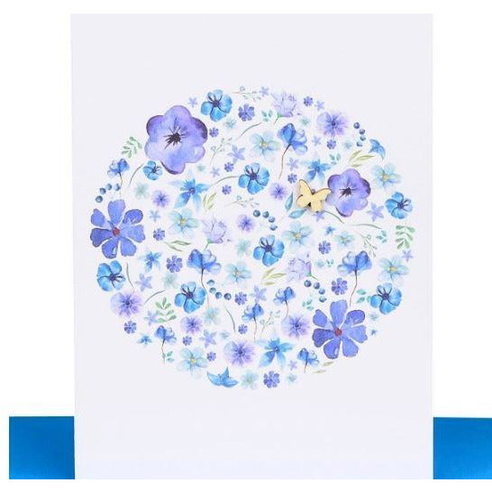 Greeting Card - Blue Flowers with Wooden Butterfly