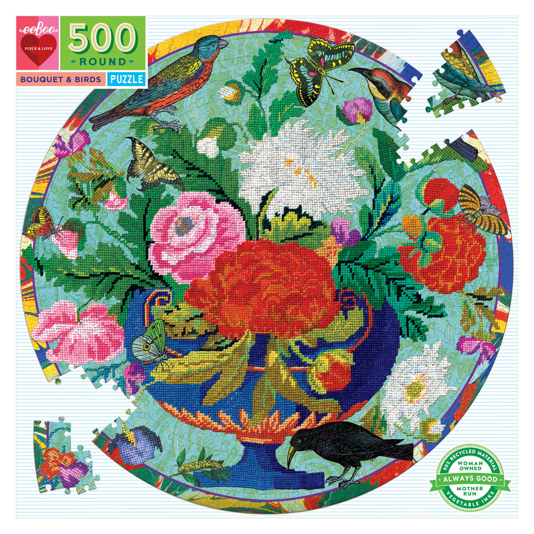Eeboo Jigsaw Puzzle Round 500 Piece - Bouquet & Birds
