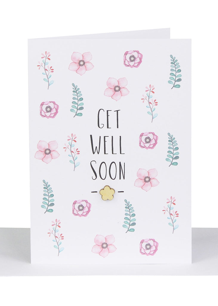 Greeting Card - Get Well Soon Floral Card with Wooden Flower