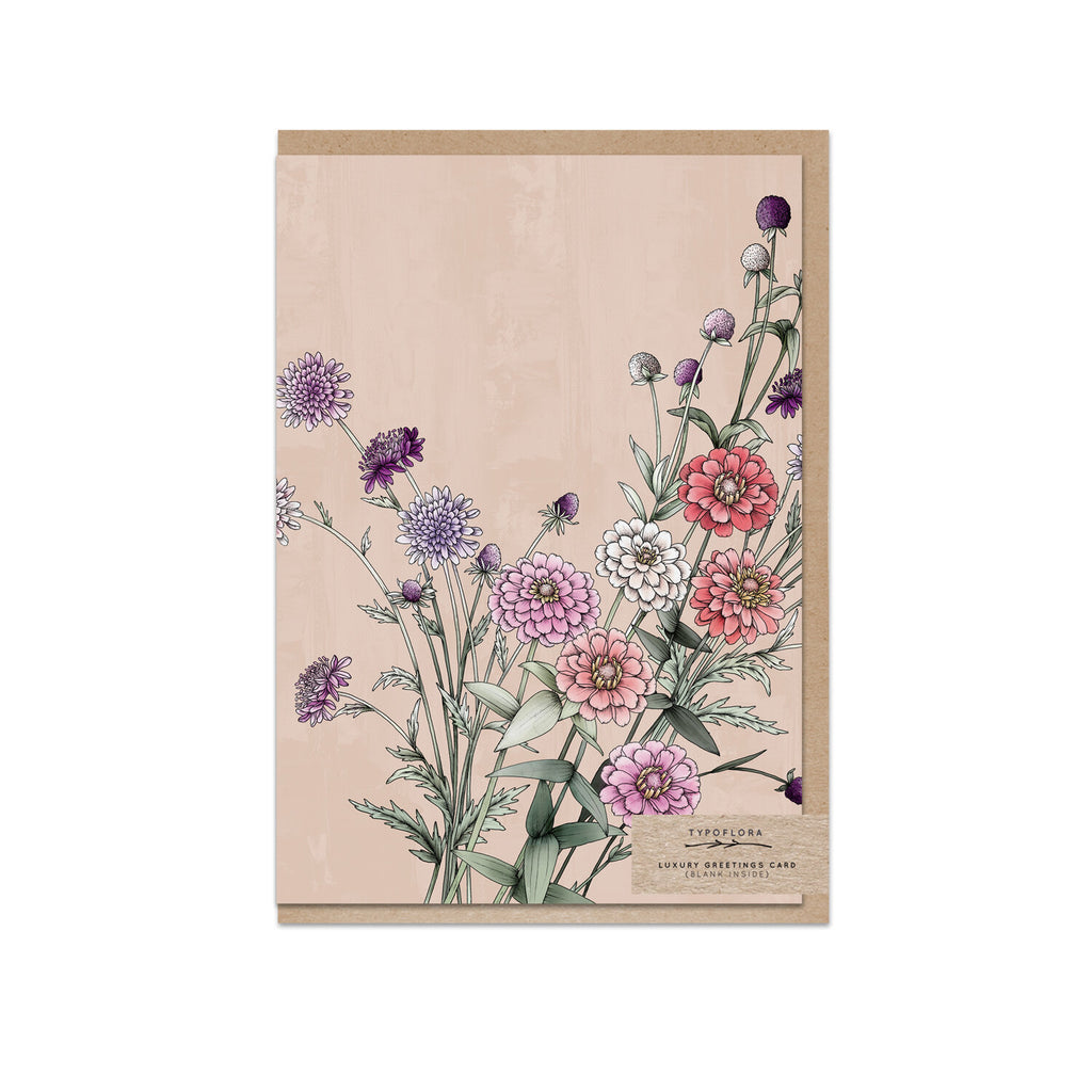 Typoflora Greeting Card - Zinnias Portrait